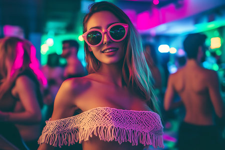 Portrait of beautiful young woman in sunglasses standing in nightclub and smilingの素材