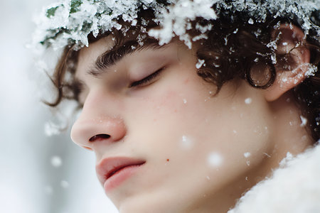 Portrait of a beautiful young woman in the winter forest, close-upの素材