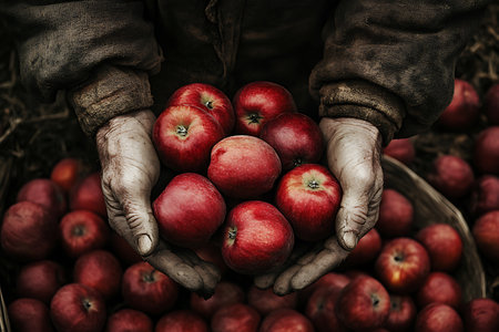Farmer with freshly harvested red apples in his hands. Selective focus. Toned.の素材