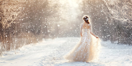 Beautiful bride in a white wedding dress on a winter forest backgroundの素材