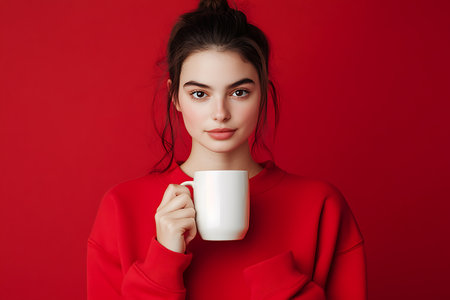 Portrait of a beautiful young woman in a red sweater holding a cup of coffee on a red backgroundの素材