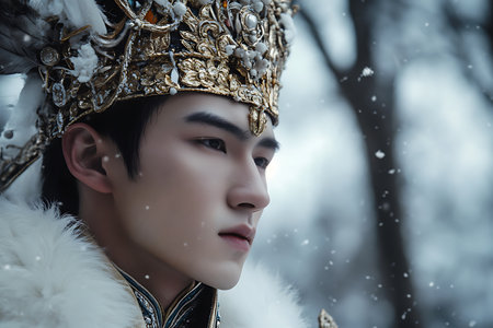 Beautiful asian man in a crown on the background of winter forestの素材