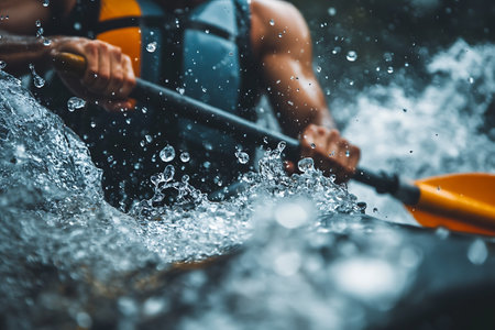 Close up of a man kayaking in the river with splashes of waterの素材