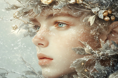 Winter portrait of a beautiful young woman in a wreath of snowの素材