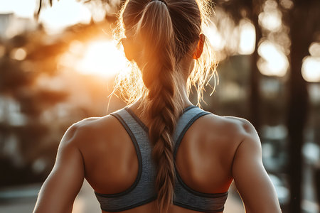 Close up back view of sportive young woman in sportswear looking away while standing outdoorsの素材