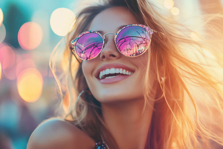 Closeup portrait of a beautiful young woman with long blond hair and sunglasses in the city.の素材