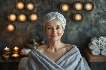 Portrait of mature woman with towel on head in spa salon.の素材
