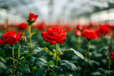 Red roses in a greenhouse, selective focus, shallow DOF.の素材