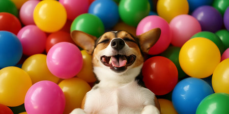 Cute dog with colorful balloons on color balls background, closeupの素材