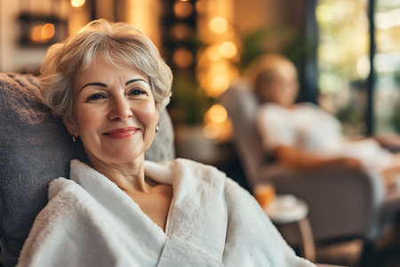 Smiling mature woman in bathrobe looking at camera in spa salonの素材