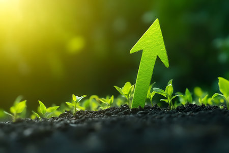 Green plant growing in soil with growing arrow. Business growth concept.の素材
