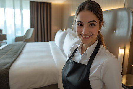cheerful waitress in uniform smiling at camera while standing in hotel roomの素材