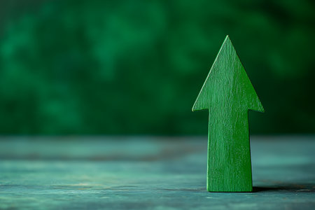 Green arrow up on wooden background. Business success and growth concept.の素材