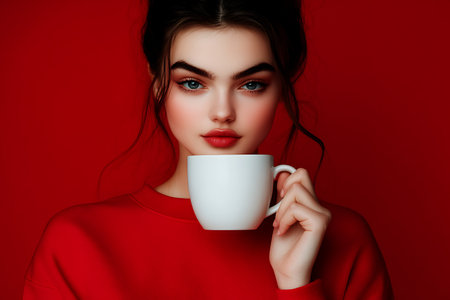 beautiful young woman in red sweater with cup of coffee or teaの素材