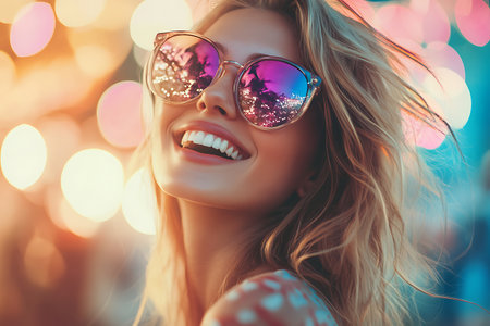 Close up portrait of a beautiful young woman wearing sunglasses and smiling.の素材