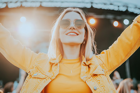 young beautiful blonde woman in a yellow jacket and sunglasses at a music festivalの素材