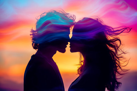 Silhouette of a loving couple on a background of the sunsetの素材