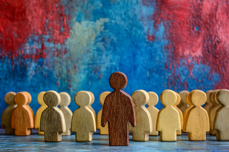 Wooden figures of people stand in a row on a blue backgroundの素材