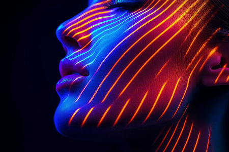 3D Illustration of a female face with glowing neon lines.の素材
