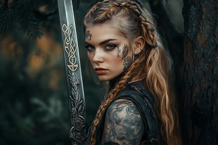 Close up portrait of a beautiful girl warrior with a sword in the forestの素材