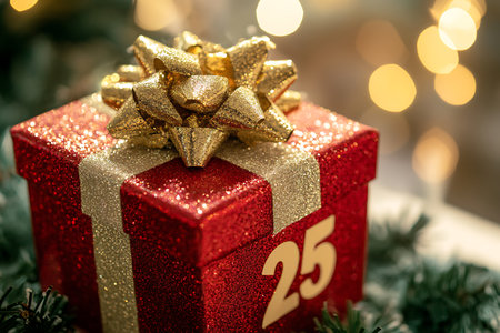 Christmas gift box with golden bow on bokeh lights background.の素材
