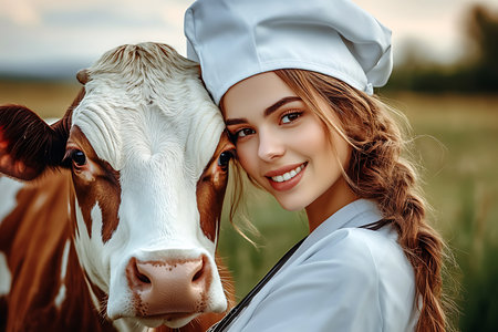 Portrait of a beautiful young woman in a white chef's hat with a cow.の素材