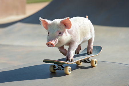 Pig on a skateboard in a skate park. Pig on a skateboard.の素材