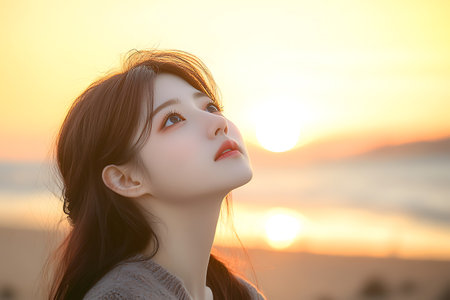 Portrait of a beautiful young asian woman with sunset background.の素材