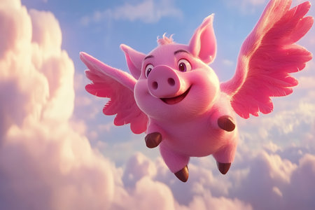 Cute pink pig flying in the blue sky. 3d renderingの素材
