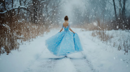Beautiful girl in a blue dress walks in the winter forest.の素材