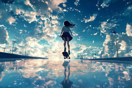 Silhouette of a girl riding a skateboard on the roadの素材