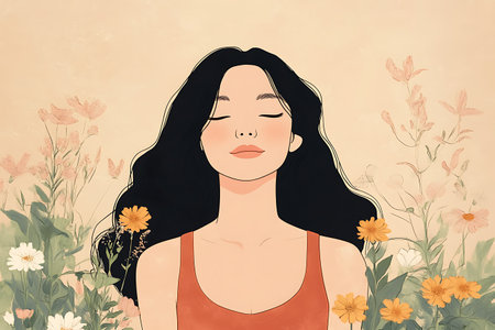 Beautiful woman with flowers in her hair. Hand drawn illustration.の素材