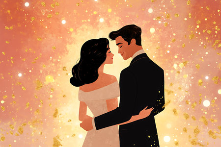Wedding couple in love. Silhouettes of bride and groom on abstract backgroundの素材