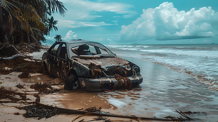 Car on the beach. 3d illustration. Conceptual image.の素材