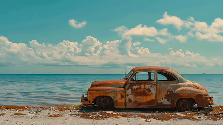 Old rusty car on the beach. Retro style toned picture.の素材