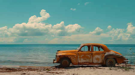 Old rusty car on the beach with blue sky and white clouds.の素材