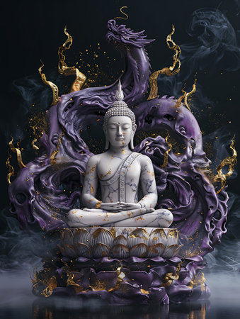 Buddha statue on a purple background with smoke. 3d renderingの素材