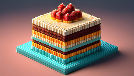 3d rendering of a cake with a red and yellow pattern.の素材