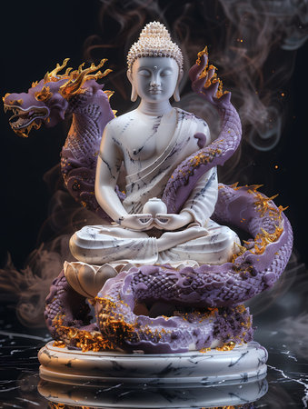 Buddha statue with smoke on black background. 3d renderingの素材