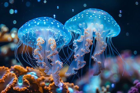 Blue jellyfish swimming in the ocean. 3D rendering. Underwater world.の素材