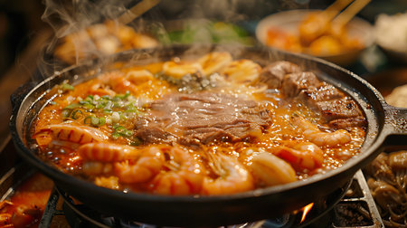 Beef and shrimps on hot pot, japanese cuisineの素材