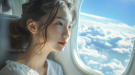 Beautiful asian woman looking through window of airplane and blue skyの素材