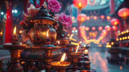 Lanterns and incense in Chinese temple, close upの素材