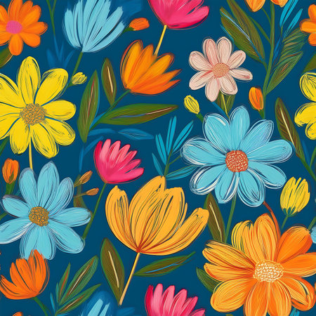 Seamless pattern with colorful flowers on blue background. Vector illustration.の素材