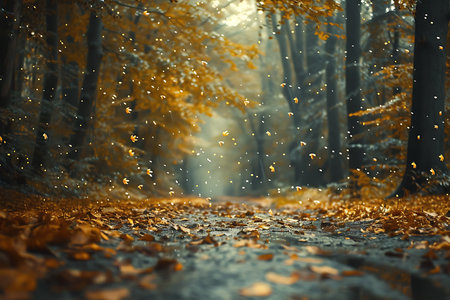 Falling leaves in the autumn forest. Beautiful nature scene with falling leavesの素材