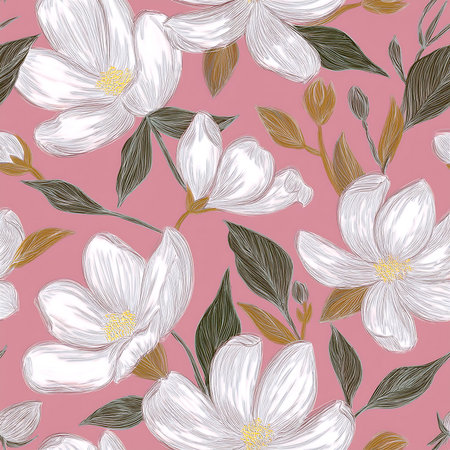 Seamless pattern with magnolia flowers. Hand drawn vector illustration.の素材
