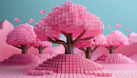 3d render of pink tree with pink heart shape in the backgroundの素材