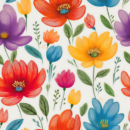 Seamless floral pattern with colorful spring flowers. Vector illustration.の素材