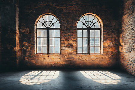 interior of an old abandoned building with two windows and brick wallsの素材
