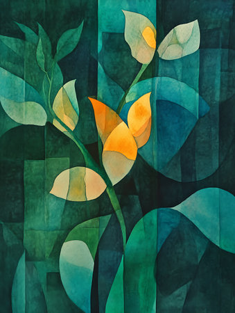 abstract watercolor background with flowers and leaves in blue and green colorsの素材